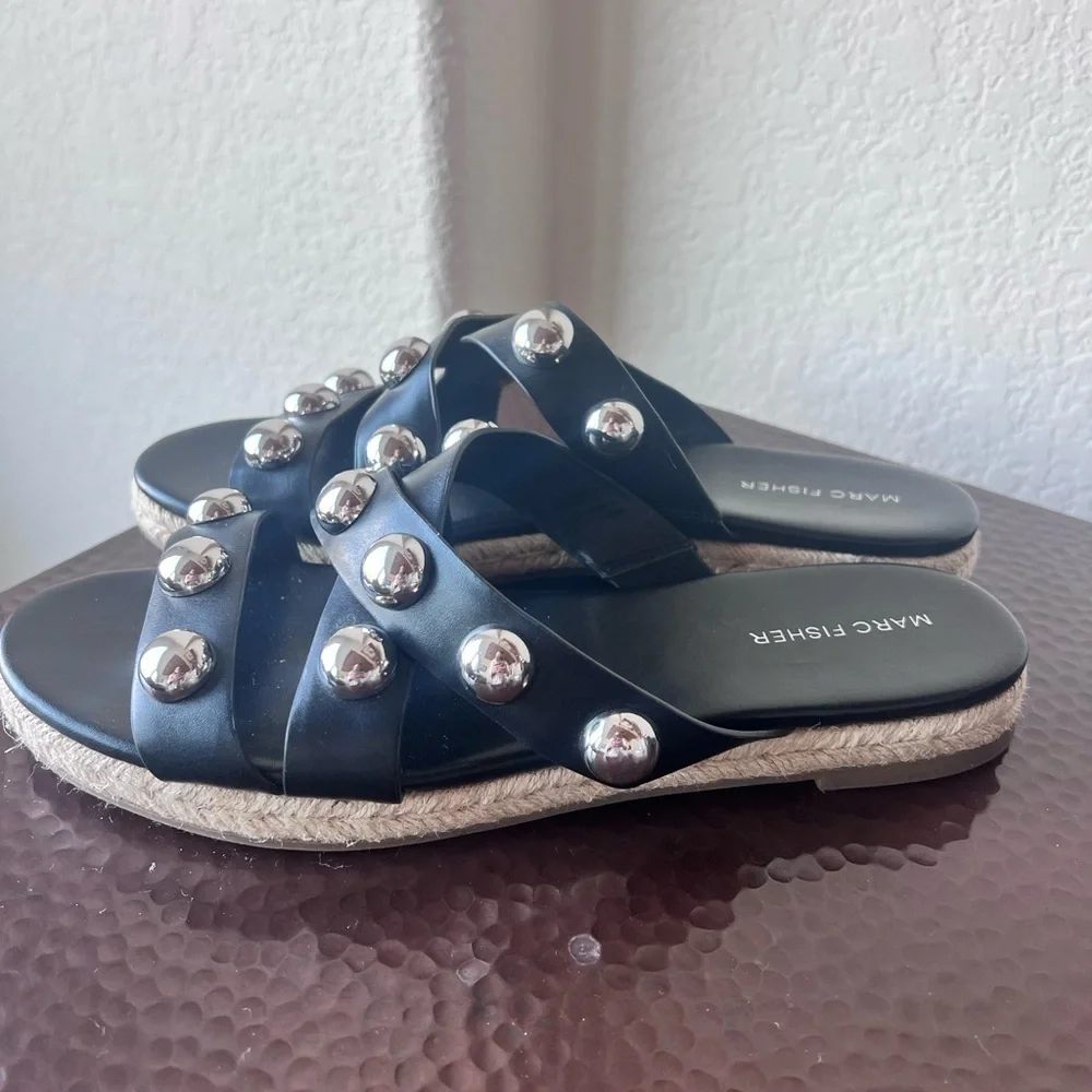 Marc Fisher Prisca Ball-Studded Espadrille Slide Sandals Black Leather | Size 11